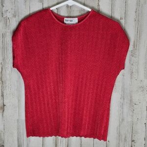 Lana Lee Vintage Bright Red Crinkle Short Sleeve Y2K Scalloped Shirt Small
